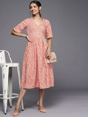 Coral Orange & White Floral Print A-Line Midi Dress - Inddus.com