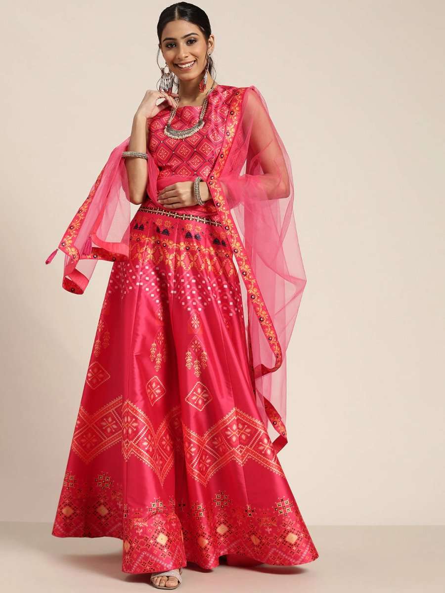 Coral Pink Patola Print Semistitched Lehenga with Unstitched Blouse & Dupatta - Inddus.com