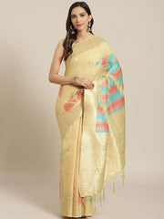 Cotton Blend Beige Traditional Saree - inddus-us