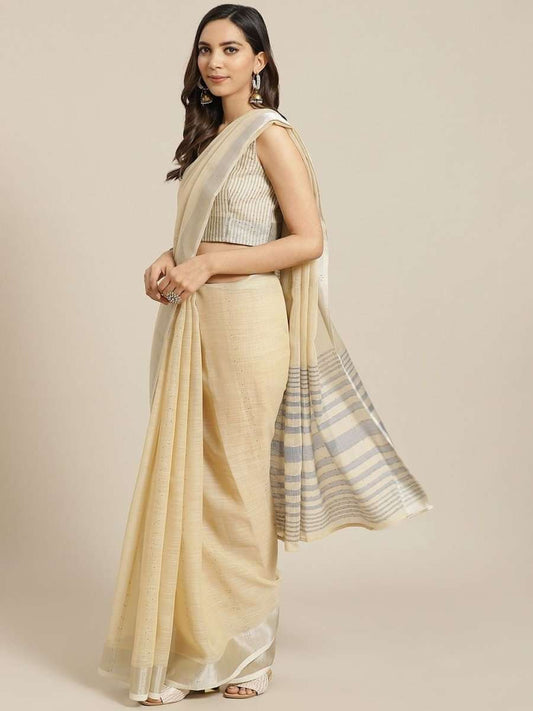 Cotton Blend Beige Traditional Saree - inddus-us
