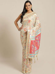 Cotton Blend Beige Traditional Saree - inddus-us