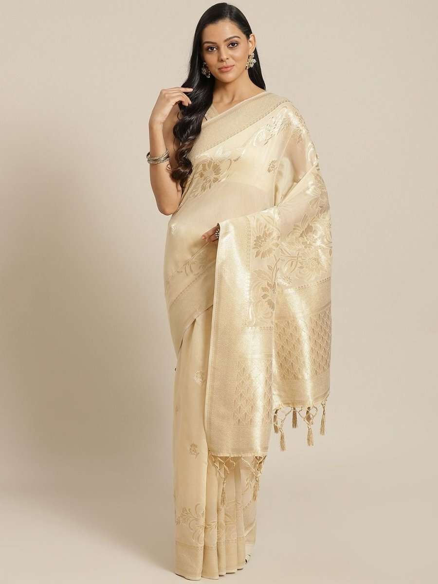 Cotton Blend Cream Traditional Saree - inddus-us