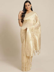 Cotton Blend Cream Traditional Saree - inddus-us