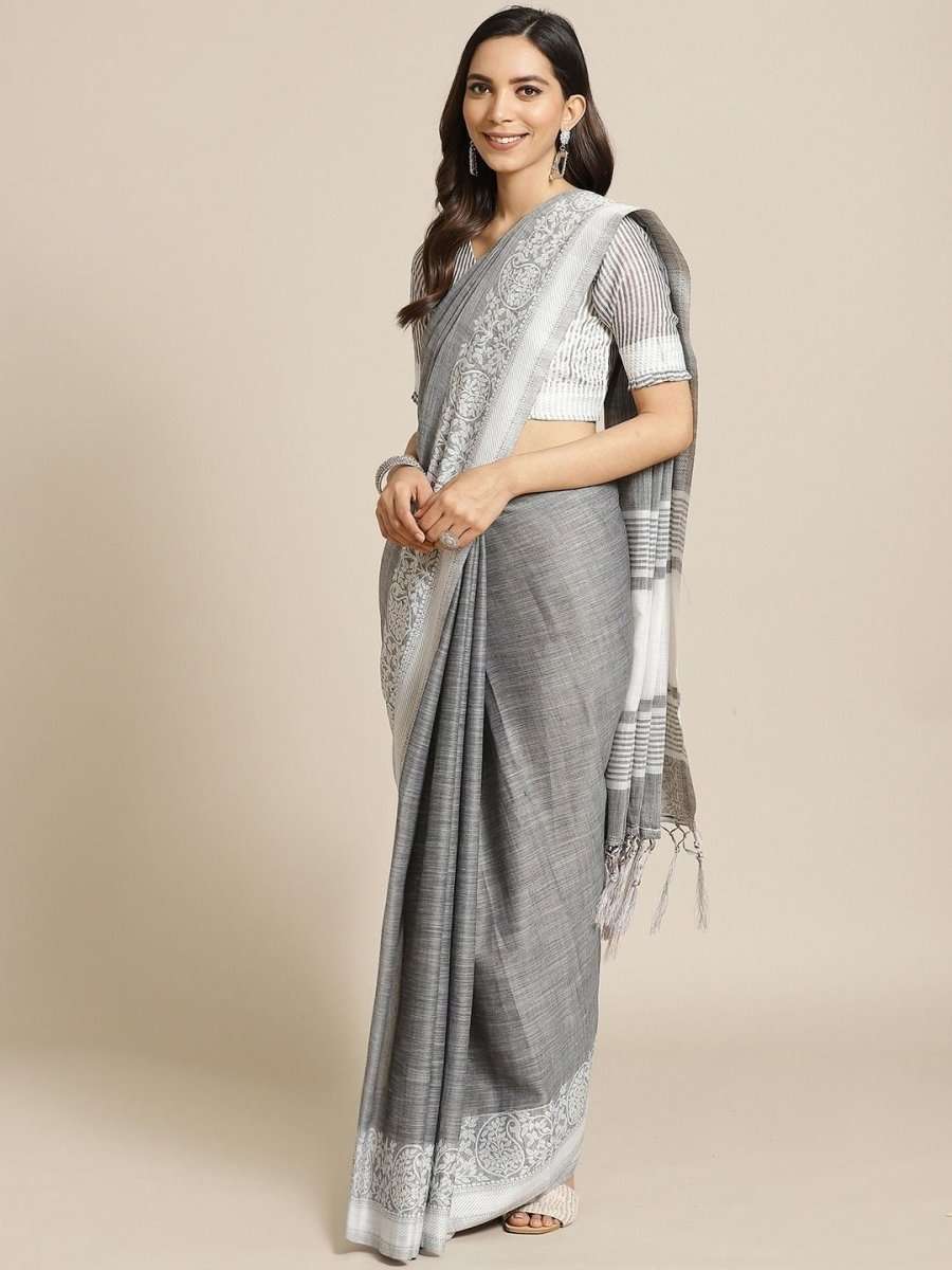 Cotton Blend Grey Traditional Saree - inddus-us
