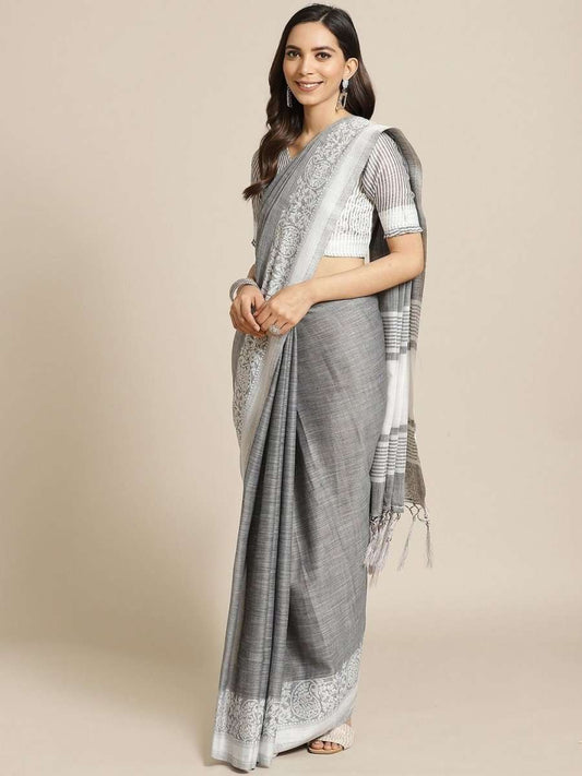 Cotton Blend Grey Traditional Saree - inddus-us