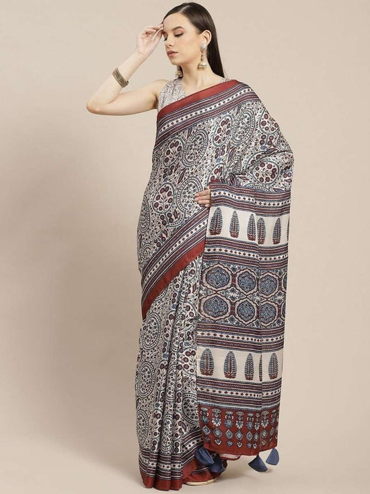 Cream and Brown Digital Print Saree - inddus-us