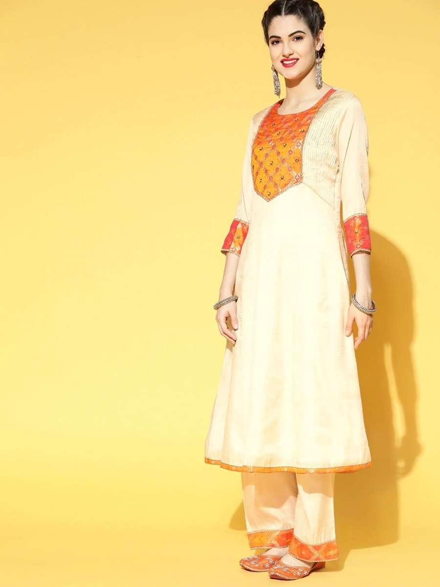 Cream and Orange Kurta with Palazzo and Dupatta - Inddus.com