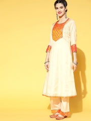 Cream and Orange Kurta with Palazzo and Dupatta - Inddus.com