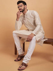 Cream-Coloured Ethnic Motif Embroidered Chikankari Straight Kurta - Inddus.com