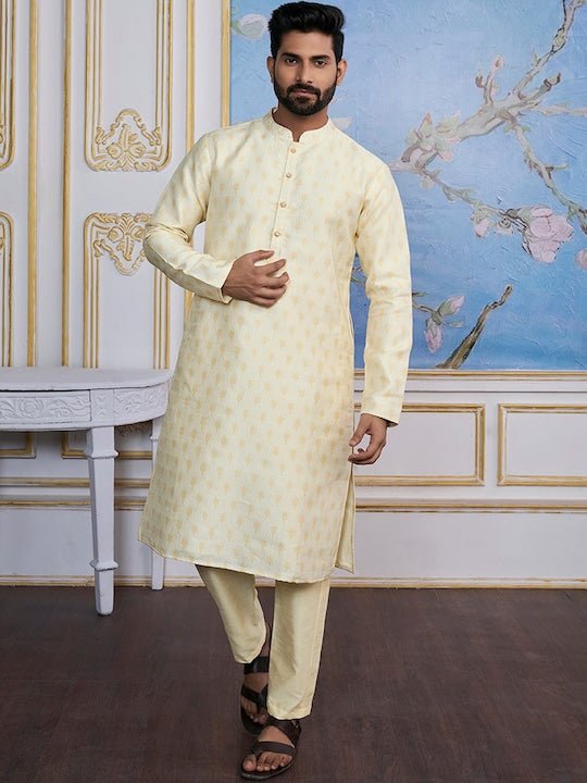 Cream-Coloured Ethnic Motifs Woven Design Kurta with Trousers - Inddus.com