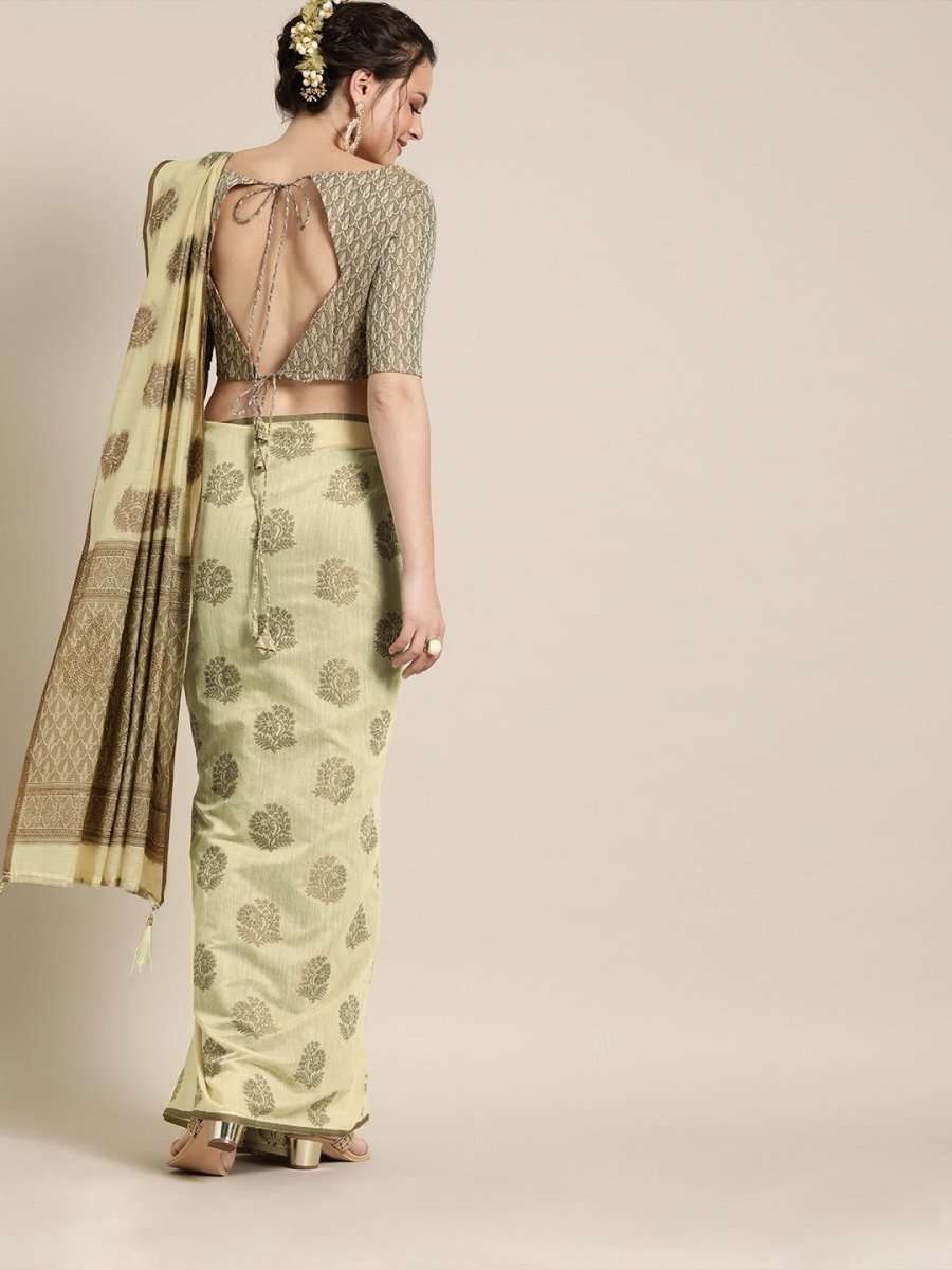 Cream Cotton Blend Woven Design Party Wear Traditional Saree - inddus-us