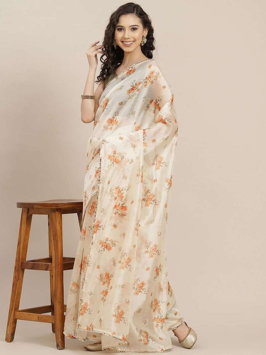 Cream Digital Print Organza Saree - inddus-us