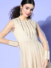 Cream Embroidered tered Gown - Inddus.com