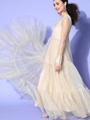 Cream Embroidered tered Gown - Inddus.com