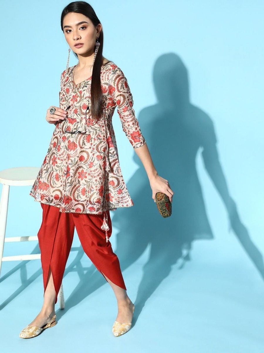 Cream Floral Digital Print Kurta with Dhoti - Inddus.com