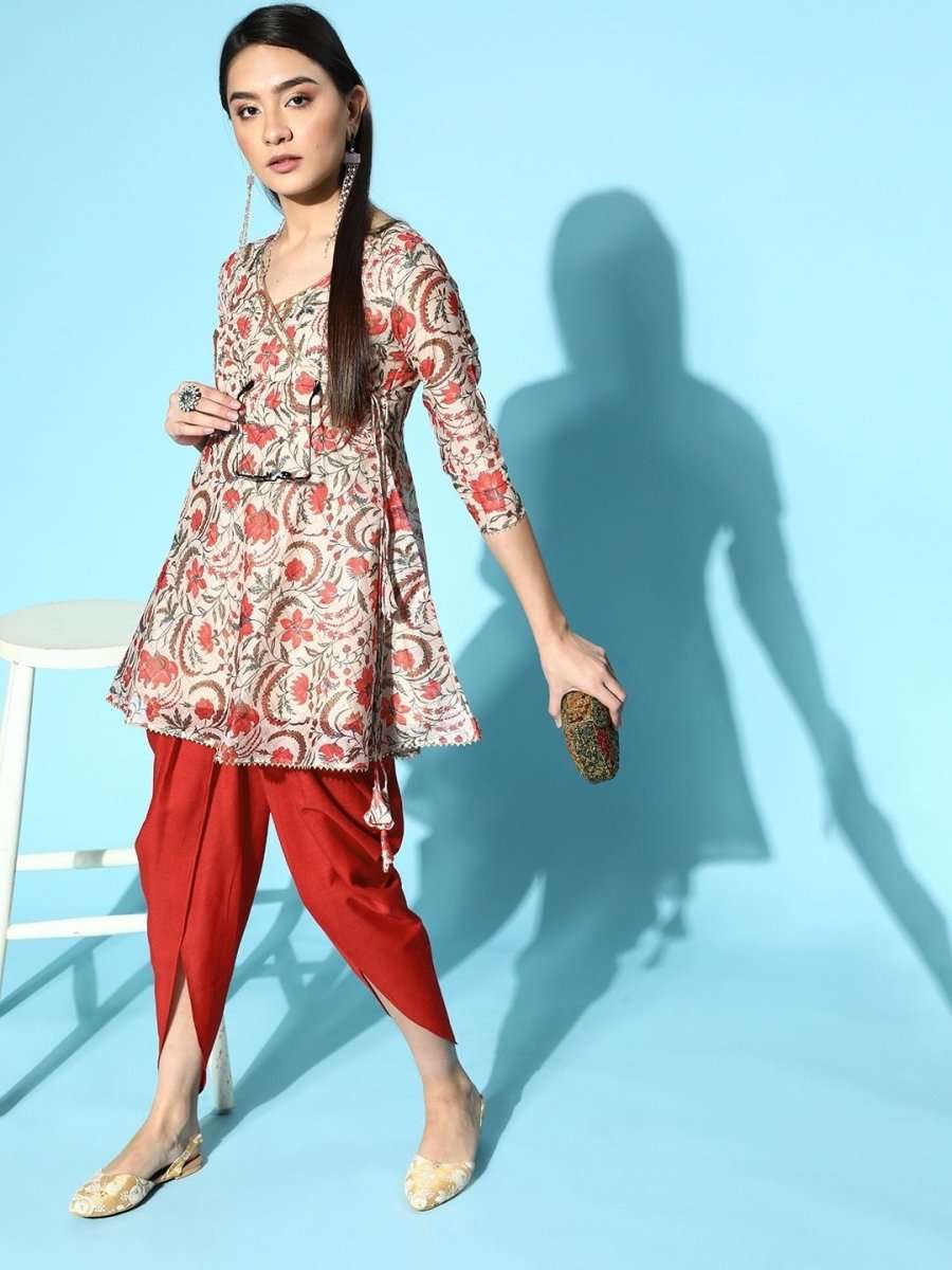 Cream Floral Digital Print Kurta with Dhoti - Inddus.com