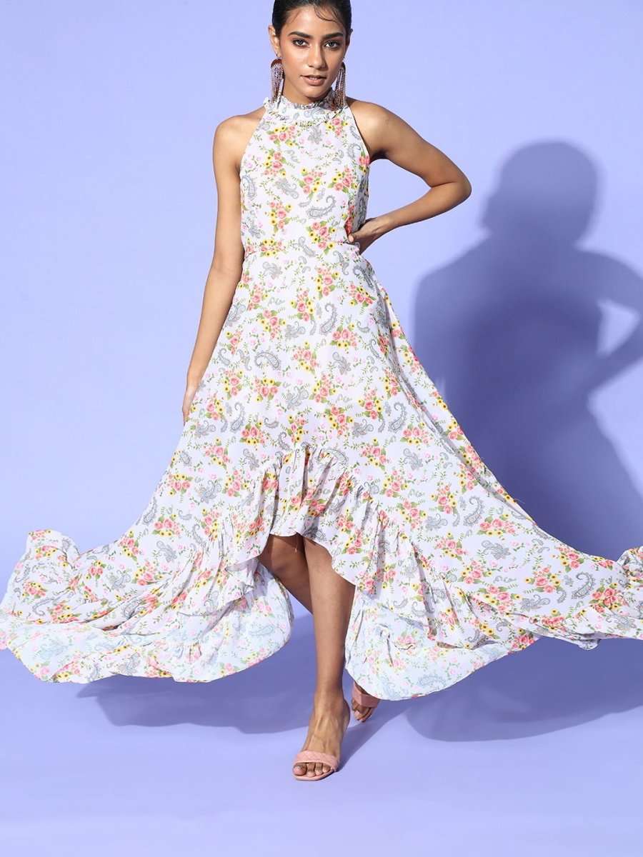 Cream Floral Printed High-Low Ruffled Dress - Inddus.com