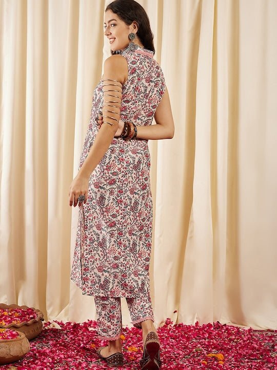 Cream Floral Printed Regular Kurta With Trousers - Inddus.com