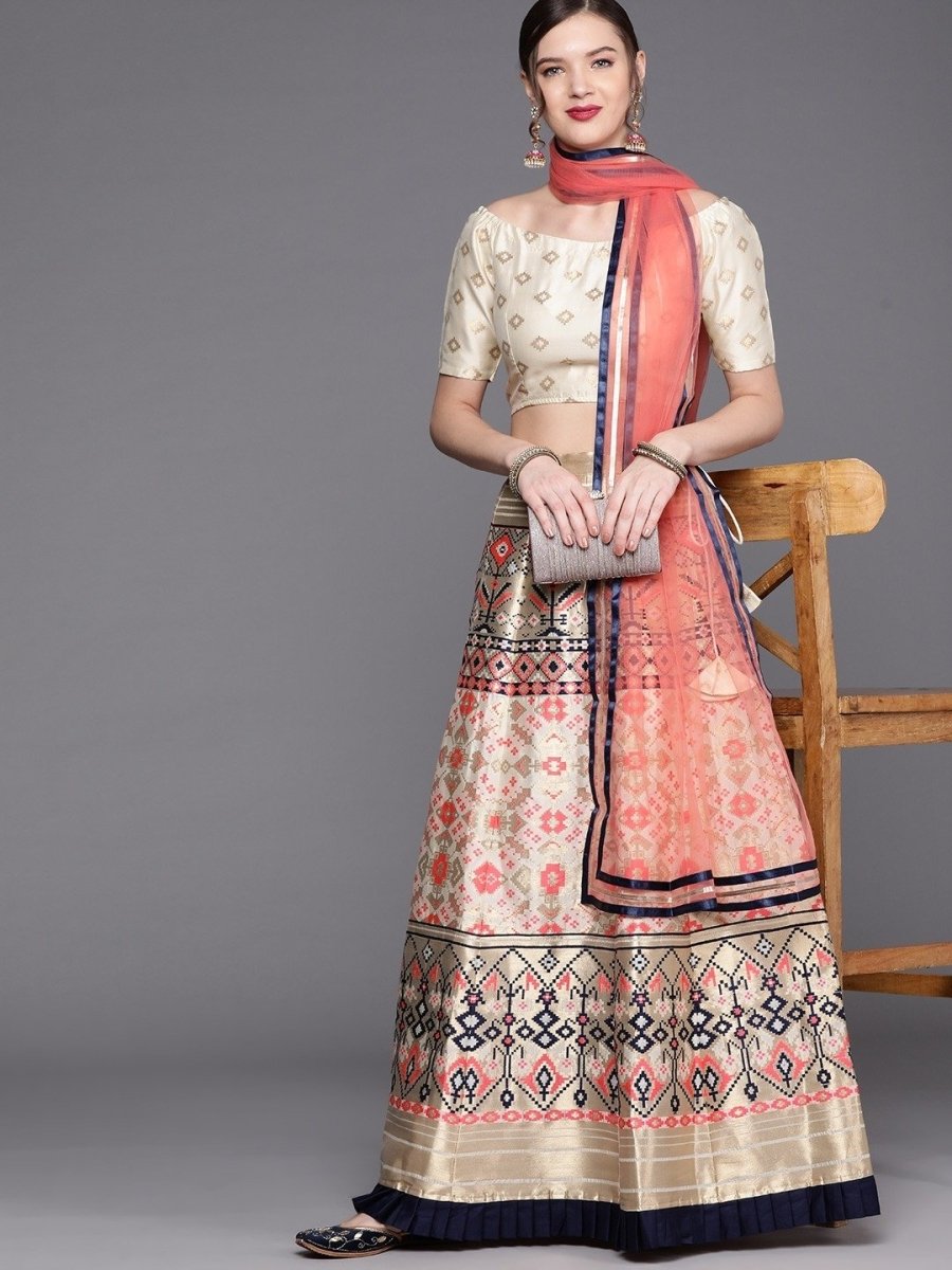 Cream Golden Woven SemiStitched Lehenga with Woven Blouse and Dupatta - inddus-us