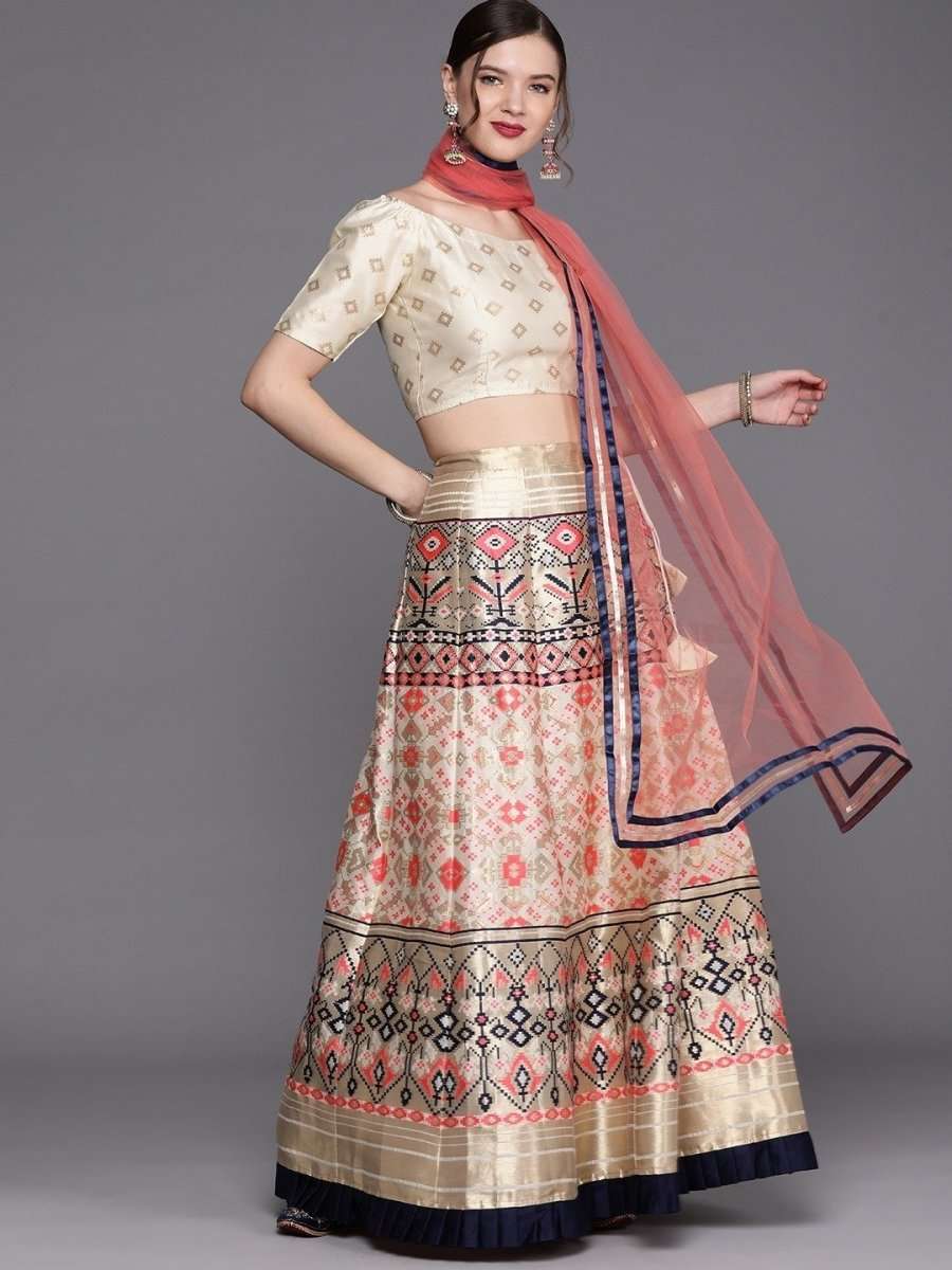 Cream Golden Woven SemiStitched Lehenga with Woven Blouse and Dupatta - inddus-us