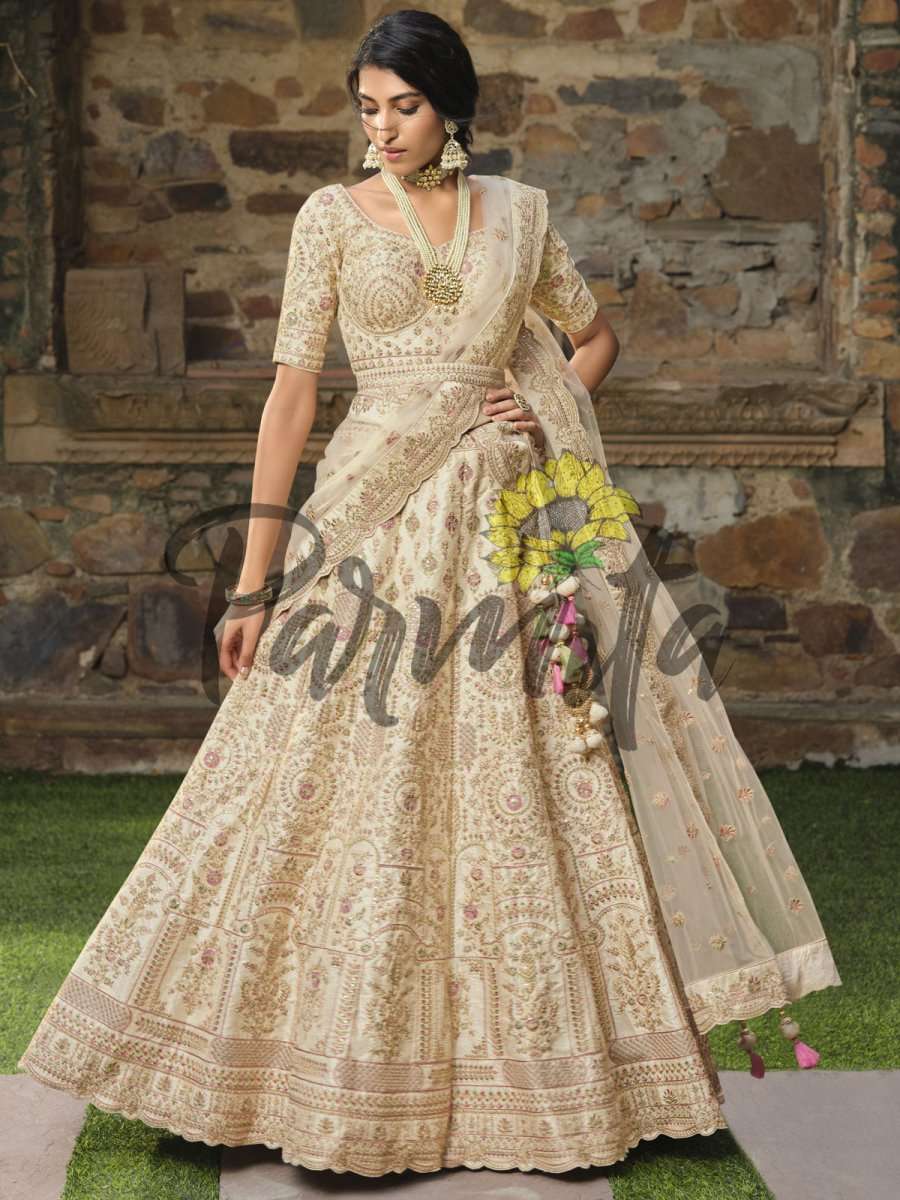 Cream Multi thread and Sequinned Embroidered lehenga - Inddus.com