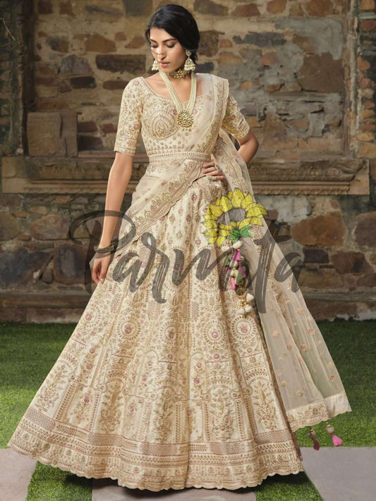 Cream Multi thread and Sequinned Embroidered lehenga - Inddus.com