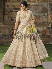 Cream Multi thread and Sequinned Embroidered lehenga - Inddus.com