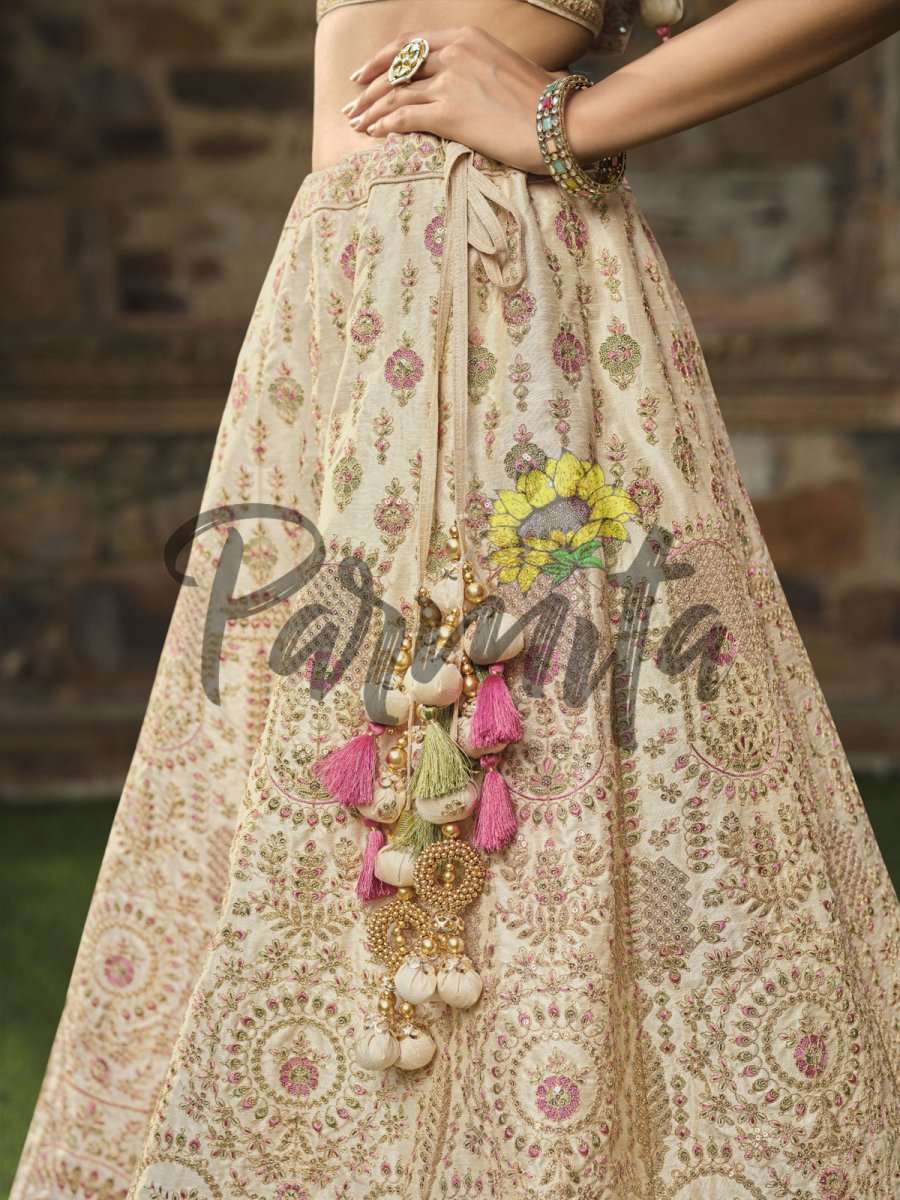 Cream Multi thread and Sequinned Embroidered lehenga - Inddus.com