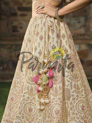 Cream Multi thread and Sequinned Embroidered lehenga - Inddus.com