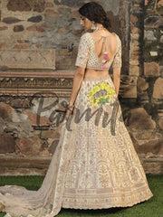Cream Multi thread and Sequinned Embroidered lehenga - Inddus.com