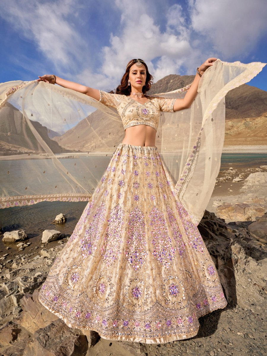 Cream Net Embroidered Lehenga Choli - Inddus.com