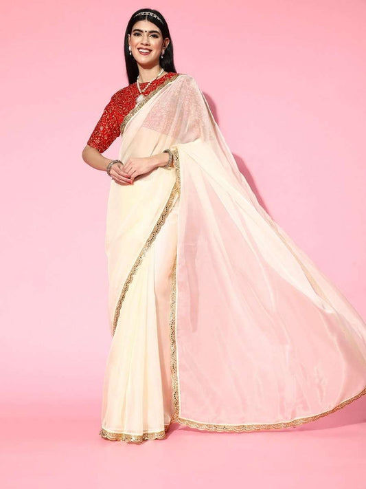 Cream Organza Saree with Blouse Piece - Inddus.com
