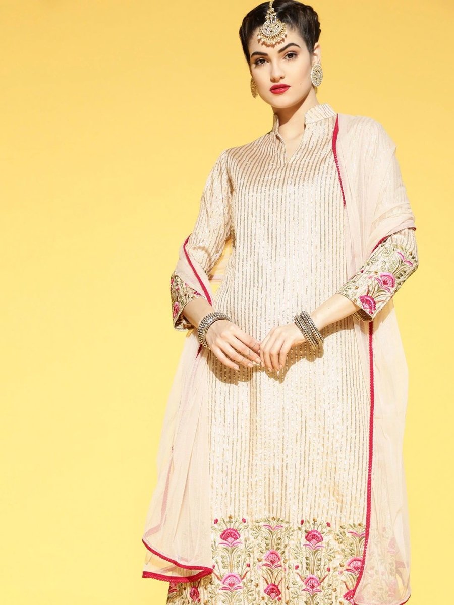 Cream Sequinned Embroidered Kurta with Pants and Net Dupatta - Inddus.com