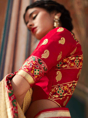 Cream Silk Embellished Saree - Inddus.com
