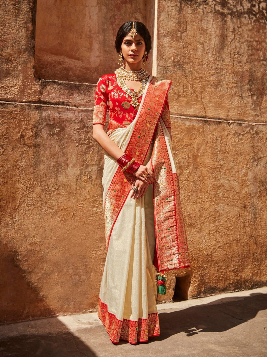 Marriage Cream Colour Saree With Red Border Buy Beautiful Cream