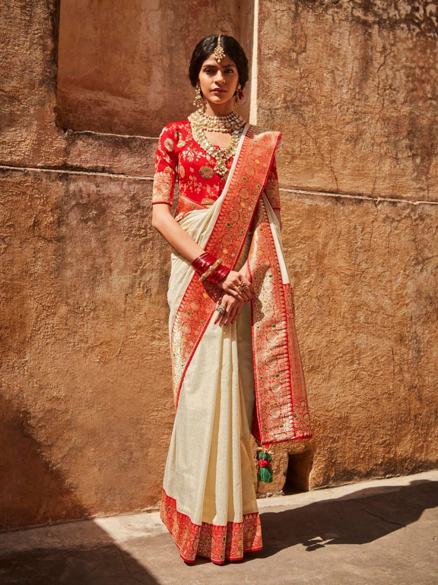 Buy Beautiful Cream Silk Wedding Saree in USA @ .