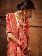 Cream Silk Wedding Saree - Inddus.com