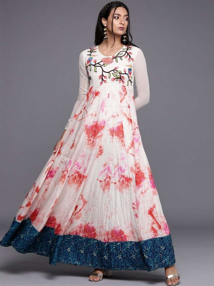 Cream Tye and Dye Embroidered Maxi Dress - inddus-us