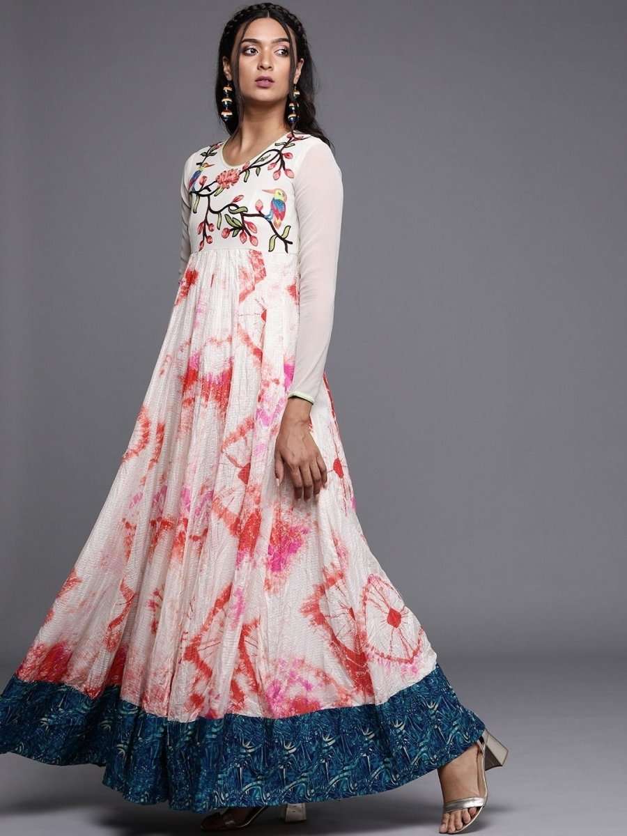Cream Tye and Dye Embroidered Maxi Dress - inddus-us