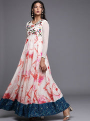 Cream Tye and Dye Embroidered Maxi Dress - inddus-us