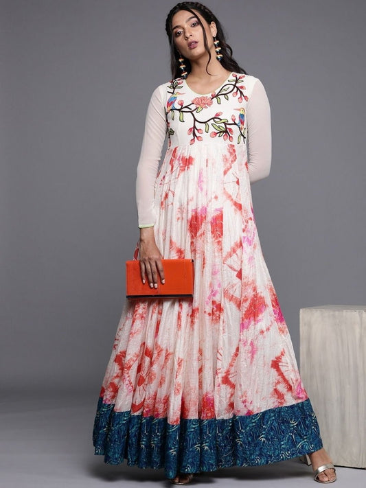 Cream Tye and Dye Embroidered Maxi Dress - inddus-us