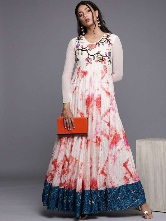 Cream Tye and Dye Embroidered Maxi Dress - inddus-us