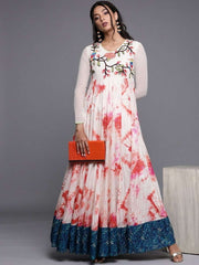 Cream Tye and Dye Embroidered Maxi Dress - inddus-us