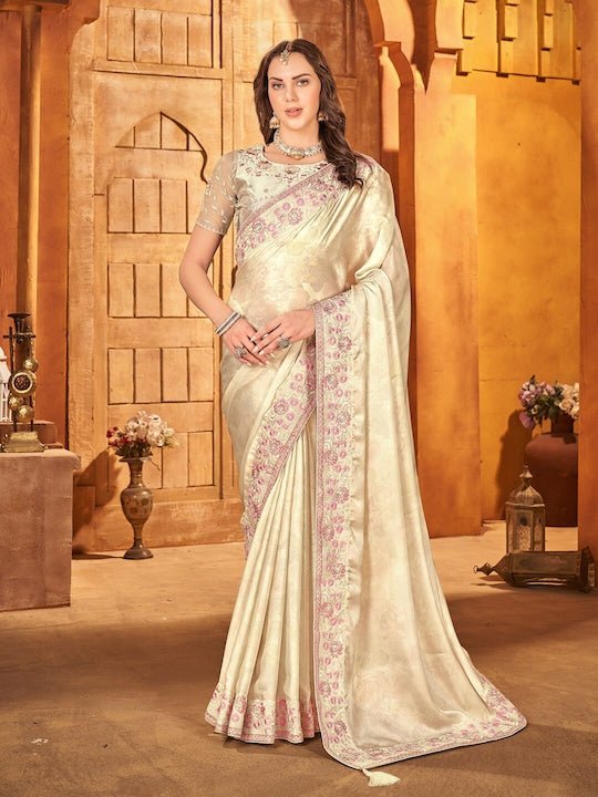 Cream Women Floral Embroidered Satin Saree - Inddus.com