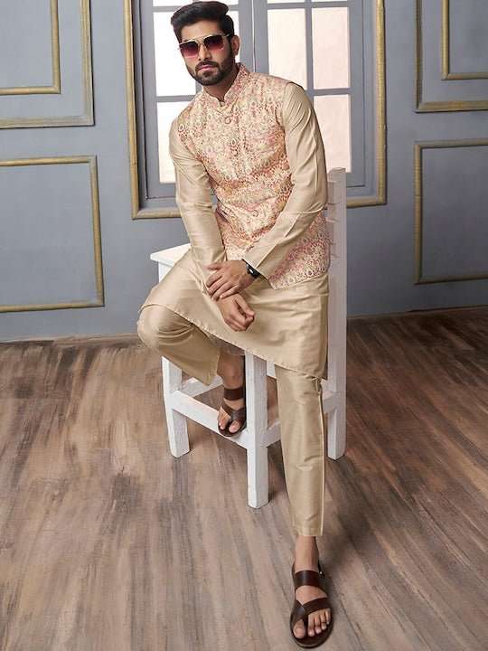 Cream Woven Design Mandarin Collar Nehru Jacket - Inddus.com