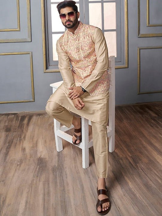 Cream Woven Design Mandarin Collar Nehru Jacket - Inddus.com