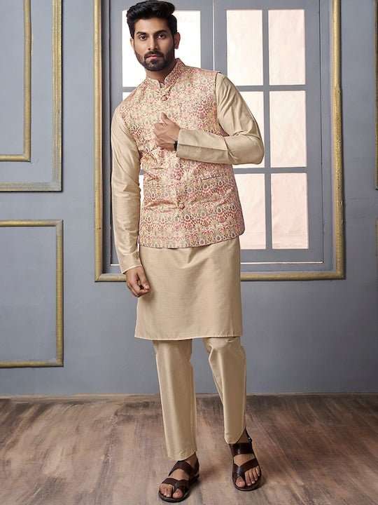Cream Woven Design Mandarin Collar Nehru Jacket - Inddus.com