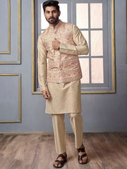 Cream Woven Design Mandarin Collar Nehru Jacket - Inddus.com