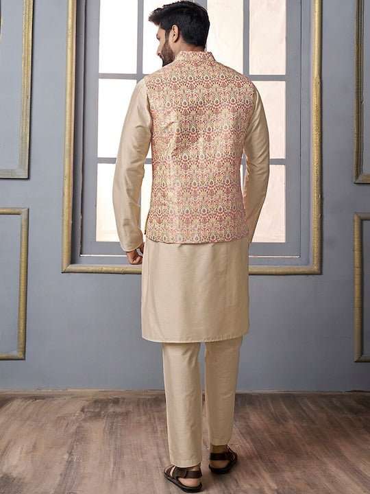 Cream Woven Design Mandarin Collar Nehru Jacket - Inddus.com