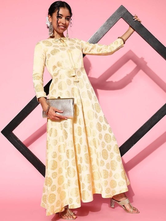 CreamEthnic Motifs Printed A-Line Silk Ethnic Dress - Inddus.com
